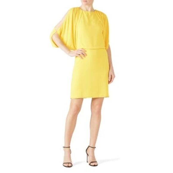 HALSTON HERITAGE Yellow Silky Georgette Cape Sleeve Open Back Mini Dress Size 4 - Picture 2 of 13